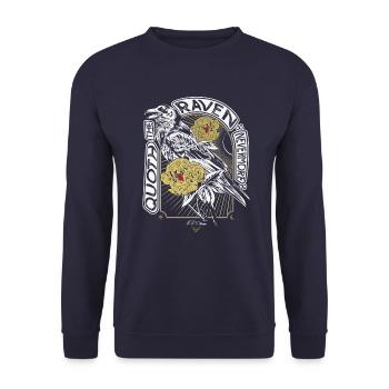 Rabe und Pfingstrosen - Edgar Allan Poe Zitat - Unisex Pullover - Navy - Vorne - Alina (178cm) & Michal (187cm)