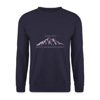 Klassische Berglandschaft: Jeder Gipfel beginnt mi - Unisex Pullover - Navy - Vorne - Alina (178cm) & Michal (187cm)