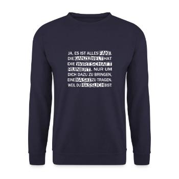 Lustige Corona Sprüche Verschwörung - Unisex Pullover - Navy - Vorne - Alina (178cm) & Michal (187cm)
