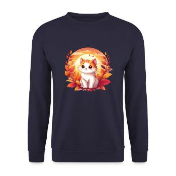 Herbstkatze auf buntem Laub: Ein entspannendes und - Unisex Pullover - Navy - Vorne - Alina (178cm) & Michal (187cm)