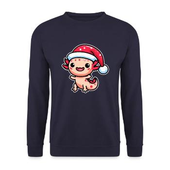 Frohes Axolotl: Weihnachtliche Freude mit Mütze - Unisex Pullover - Navy - Vorne - Alina (178cm) & Michal (187cm)