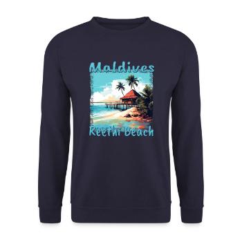 Maldivian Escape: Reethi Beach mit Grunge-Effekt - Unisex Pullover - Navy - Vorne - Alina (178cm) & Michal (187cm)