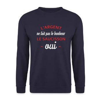 T shirt humour drole citation bonheur saucisson - Sweat-shirt Unisexe - marine - Devant - Alina (178cm) & Michal (187cm)