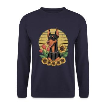 Doberman Pinscher with Sunflowers and Tulips - Unisex Sweatshirt - navy - Front - Alina (178cm) & Michal (187cm)