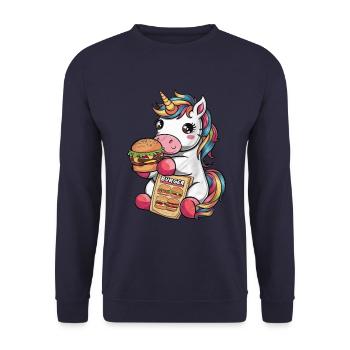Kawaii Einhorn isst Hamburger - Unisex Pullover - Navy - Vorne - Alina (178cm) & Michal (187cm)