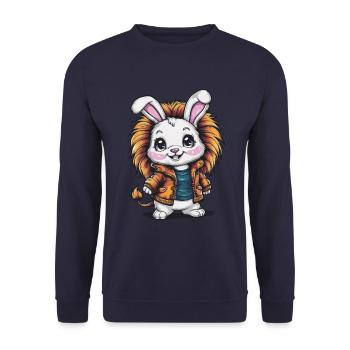 Kawaii Schwein mit Löwen Outfit - Unisex Pullover - Navy - Vorne - Alina (178cm) & Michal (187cm)