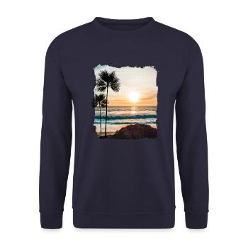Sonnenuntergang mit Palmen - Unisex Pullover - Navy - Vorne - Alina (178cm) & Michal (187cm)
