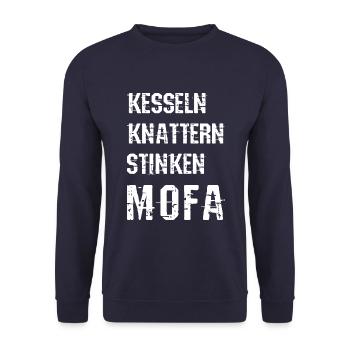 MOFA Moped Rollerfahrer Roller Geschenk - Unisex Pullover - Navy - Vorne - Alina (178cm) & Michal (187cm)
