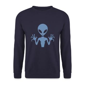 Alien-Außerirdischer-Körper-Silhouette mit Händen - Unisex Pullover - Navy - Vorne - Alina (178cm) & Michal (187cm)
