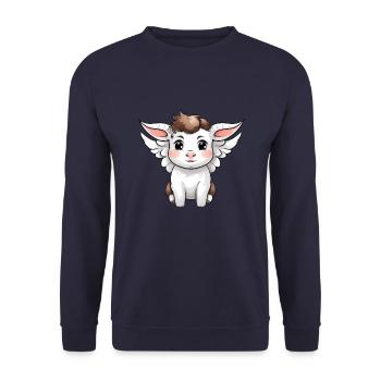 Himmlische Bindung: Kuh & Kalb mit Engelsflügeln - Unisex Pullover - Navy - Vorne - Alina (178cm) & Michal (187cm)