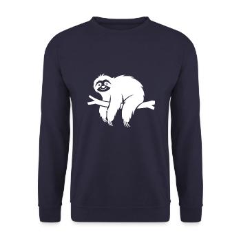 Minimalistisches Faultier entspannt auf einem Ast - Unisex Pullover - Navy - Vorne - Alina (178cm) & Michal (187cm)