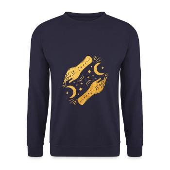 Magisch, spiritueller Halbmond mit goldenen Händen - Unisex Pullover - Navy - Vorne - Alina (178cm) & Michal (187cm)