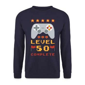 50th Birthday Level 50 Complete - Unisex Sweatshirt - navy - Front - Alina (178cm) & Michal (187cm)