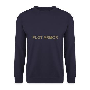 Lustige Sprüche über Plot Armor im Kino - Unisex Pullover - Navy - Vorne - Alina (178cm) & Michal (187cm)
