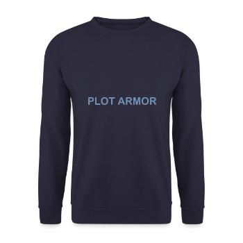 Lustige Sprüche über Plot Armor im Kino - Unisex Pullover - Navy - Vorne - Alina (178cm) & Michal (187cm)