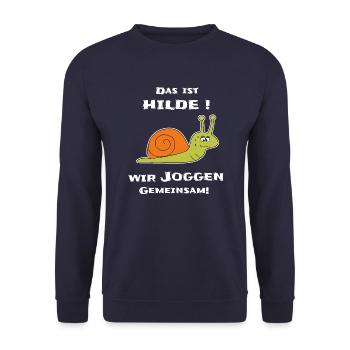 Joggen Jogging Sport Schnecke Lustig Hilde - Unisex Pullover - Navy - Vorne - Alina (178cm) & Michal (187cm)