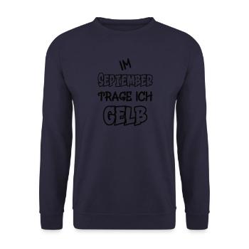 Im September trage ich gelb Spruch Farbe gelb - Unisex Pullover - Navy - Vorne - Alina (178cm) & Michal (187cm)