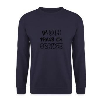 In July I'm wearing orange saying color orange - Unisex Sweatshirt - navy - Front - Alina (178cm) & Michal (187cm)