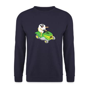 Lustiges Schaf T-Shirt Schaf Rasenmäher MÄH - Unisex Pullover - Navy - Vorne - Alina (178cm) & Michal (187cm)