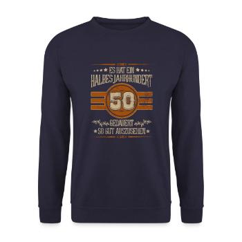 Geburtstag 50 Shirt Es hat ein halbes Jahrhundert - Unisex Pullover - Navy - Vorne - Alina (178cm) & Michal (187cm)