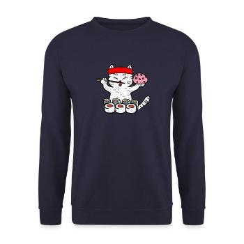 Cat eating sushi with chopsticks grunge - Unisex Sweatshirt - navy - Front - Alina (178cm) & Michal (187cm)