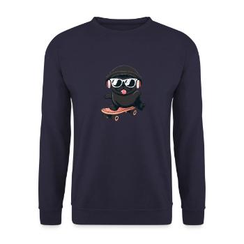 Hund Mops auf Skateboard - Unisex Pullover - Navy - Vorne - Alina (178cm) & Michal (187cm)