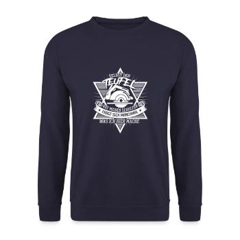 Schreiner Spruch - Selbst der Teufel auf meiner - Unisex Pullover - Navy - Vorne - Alina (178cm) & Michal (187cm)