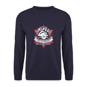 Schreiner Spruch - Selbst der Teufel auf meiner - Unisex Pullover - Navy - Vorne - Alina (178cm) & Michal (187cm)
