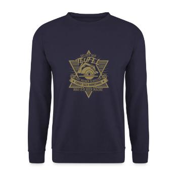Schreiner Spruch - Selbst der Teufel auf meiner - Unisex Pullover - Navy - Vorne - Alina (178cm) & Michal (187cm)