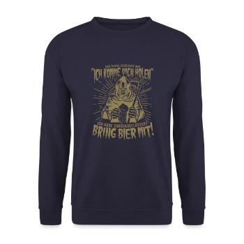 Bring Bier Mit! Bier Sensenmann T-Shirt - Unisex Pullover - Navy - Vorne - Alina (178cm) & Michal (187cm)