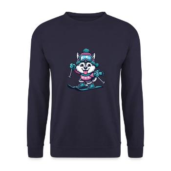 Husky on skis - Funny comic winter sports - Unisex Sweatshirt - navy - Front - Alina (178cm) & Michal (187cm)