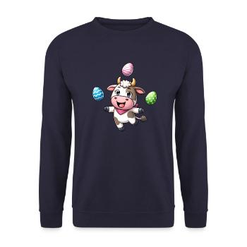 Vache de Pâques jonglant avec les œufs, artiste de la ferme - Sweat-shirt Unisexe - marine - Devant - Alina (178cm) & Michal (187cm)