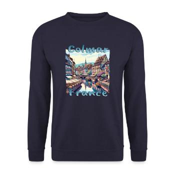 Colmar Altstadt Fachwerkhaus Grunge Look - Unisex Pullover - Navy - Vorne - Alina (178cm) & Michal (187cm)