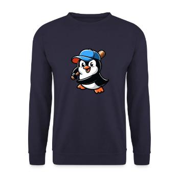 Pinguin Baseballspieler Action - Unisex Pullover - Navy - Vorne - Alina (178cm) & Michal (187cm)