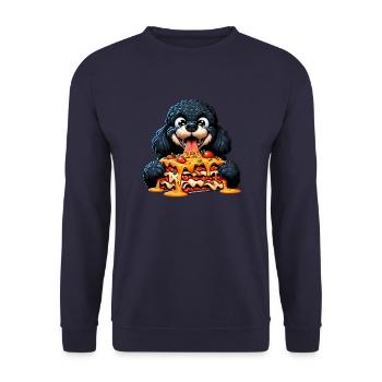 Schwarzer Pudel liebt Lasagne Comic - Unisex Pullover - Navy - Vorne - Alina (178cm) & Michal (187cm)