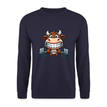 Kuh Stier Bulle Gewichtheber Barbell - Unisex Pullover - Navy - Vorne - Alina (178cm) & Michal (187cm)