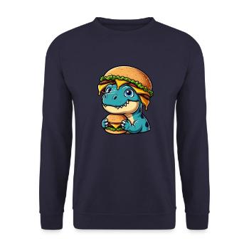 Satisfied Dino T-Rex with Hamburger Cheeseburger - Unisex Sweatshirt - navy - Front - Alina (178cm) & Michal (187cm)