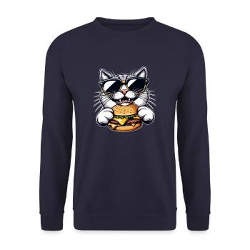 Cool cat nerd eating hamburger cheeseburger - Unisex Sweatshirt - navy - Front - Alina (178cm) & Michal (187cm)
