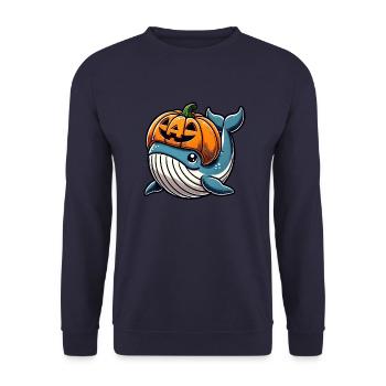 Süße Halloween Meerestier Wal im Kürbis Hut - Unisex Pullover - Navy - Vorne - Alina (178cm) & Michal (187cm)