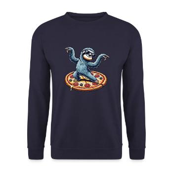 Cooler Faultier tanzt liebt Pizza Faules Tier - Unisex Pullover - Navy - Vorne - Alina (178cm) & Michal (187cm)