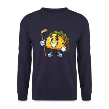 Lustiger Taco Eishockey Cartoon Spieler - Unisex Pullover - Navy - Vorne - Alina (178cm) & Michal (187cm)