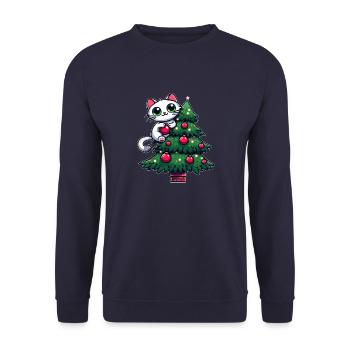 Süße Katze Weihnachten Comic Tannenbaum - Unisex Pullover - Navy - Vorne - Alina (178cm) & Michal (187cm)
