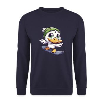 Lustige Ente Snowboarder Cartoon Wintersport - Unisex Pullover - Navy - Vorne - Alina (178cm) & Michal (187cm)