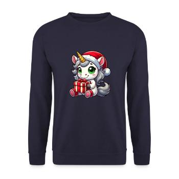 Weihnachtsmann mit Weihnachts-Einhorn - Unisex Pullover - Navy - Vorne - Alina (178cm) & Michal (187cm)