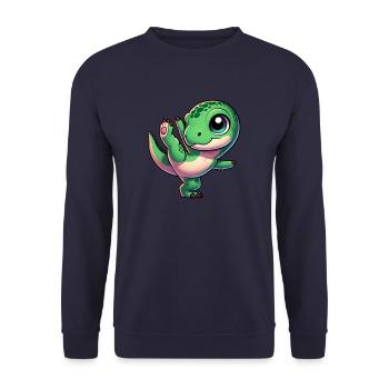 Dancing T-Rex on one leg Balancing dinosaur - Unisex Sweatshirt - navy - Front - Alina (178cm) & Michal (187cm)