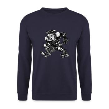 Bulldogge Eishockey Spieler Cartoon Entschlossen - Unisex Pullover - Navy - Vorne - Alina (178cm) & Michal (187cm)