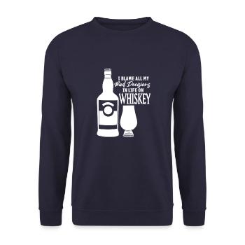 Schlechte Entscheidungen Whiskey Sprüche - Unisex Pullover - Navy - Vorne - Alina (178cm) & Michal (187cm)