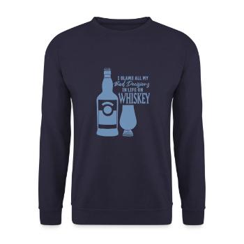 Schlechte Entscheidungen Whiskey Sprüche - Unisex Pullover - Navy - Vorne - Alina (178cm) & Michal (187cm)