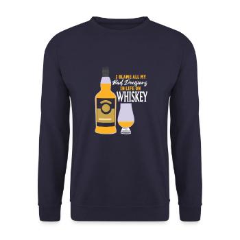 Schlechte Entscheidungen Whiskey Sprüche - Unisex Pullover - Navy - Vorne - Alina (178cm) & Michal (187cm)