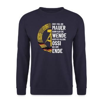 Ossi bis zum Ende - DDR Spruch - Unisex Pullover - Navy - Vorne - Alina (178cm) & Michal (187cm)